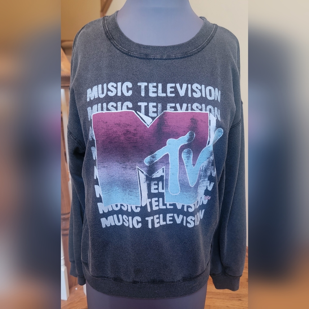 NWOT MTV MUSIC TELEVISION GRAY BLUE PURPLE COTTON BLEND SWEATSHIRT WOMEN'S M